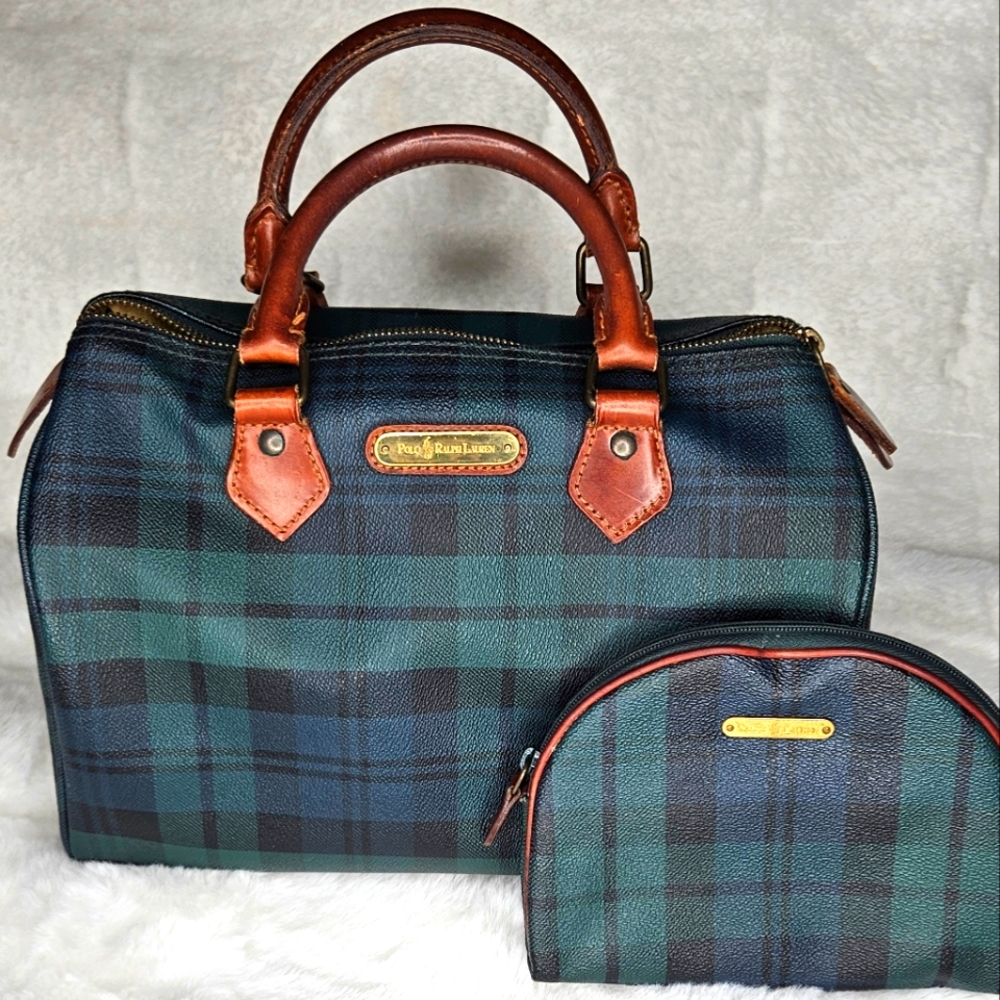 VINTAGE Polo Ralph Lauren Black Watch Check Mini Boston Bag & Cosmetic Bag